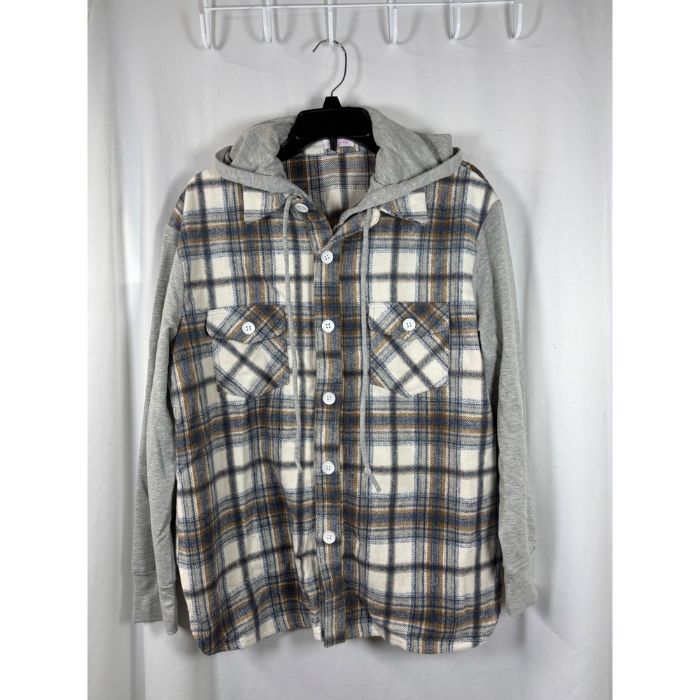 Pink Lily Womens Blue Tan Plaid Hooded Shacket Mixed Media Jacket MA513 Large